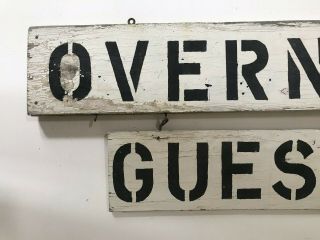 Great Antique 2 - sided wood black & white “Overnight Guests” Sign 4