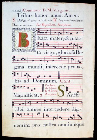 Illuminated Manuscript Antiphonal Leaf 1778 Initial B,  Feast Blessed Virgin Mary