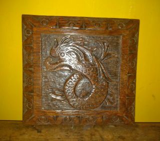 17th Century Charles I Carved Oak Dolphin Panel Boss C1640