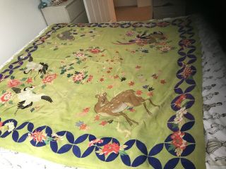 Antique Chinese Silk Embroidered Cloth,  Monkey,  Deer Birds Off Paradise/blossom