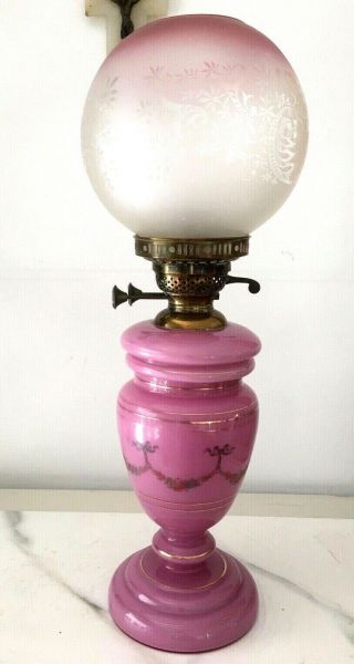 Victorian Raspberry Pink Glass Oil Lamp With Round Acid Etched Pink Shade