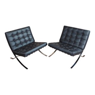 Barcelona Chairs - Vintage Black Leather Seats - A Pair