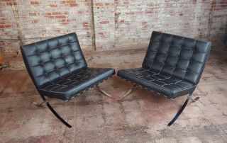 Barcelona Chairs - Vintage Black Leather Seats - A Pair 2