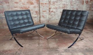 Barcelona Chairs - Vintage Black Leather Seats - A Pair 3