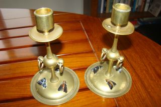 Brass Candlesticks With Agate House Flies - - Scottish Arts And Crafts - -