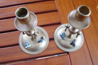 BRASS CANDLESTICKS WITH AGATE HOUSE FLIES - - SCOTTISH ARTS AND CRAFTS - - 2
