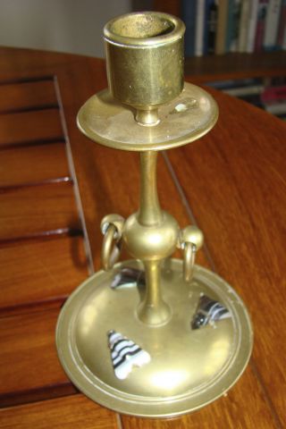 BRASS CANDLESTICKS WITH AGATE HOUSE FLIES - - SCOTTISH ARTS AND CRAFTS - - 3