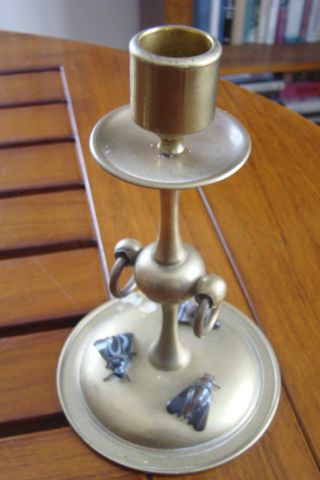 BRASS CANDLESTICKS WITH AGATE HOUSE FLIES - - SCOTTISH ARTS AND CRAFTS - - 5