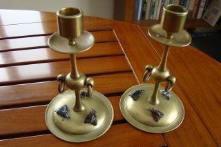 BRASS CANDLESTICKS WITH AGATE HOUSE FLIES - - SCOTTISH ARTS AND CRAFTS - - 9