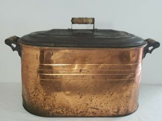 Vintage Heavy Gauge Copper Boiler Wash Tub W/ Wood Handles & Galvanized Lid