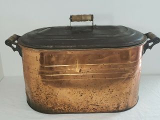 Vintage Heavy Gauge Copper Boiler Wash Tub w/ Wood Handles & Galvanized Lid 2