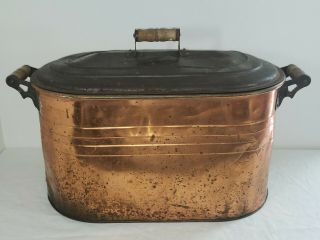 Vintage Heavy Gauge Copper Boiler Wash Tub w/ Wood Handles & Galvanized Lid 3