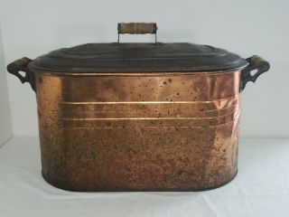 Vintage Heavy Gauge Copper Boiler Wash Tub w/ Wood Handles & Galvanized Lid 5