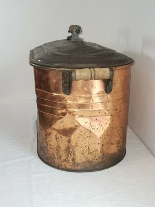 Vintage Heavy Gauge Copper Boiler Wash Tub w/ Wood Handles & Galvanized Lid 6