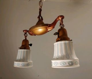 Antique Restored 1920 ' s 2 Lights Pan Style Art Deco Ceiling Lamp antique shades 2