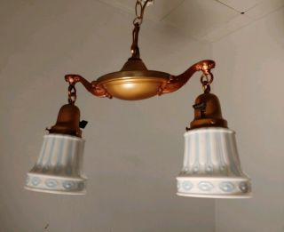 Antique Restored 1920 ' s 2 Lights Pan Style Art Deco Ceiling Lamp antique shades 6
