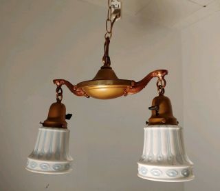 Antique Restored 1920 ' s 2 Lights Pan Style Art Deco Ceiling Lamp antique shades 8