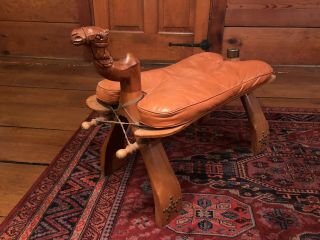 Antique Wooden Hand Carved Leather Camel Saddle Vintage Celal Aykut Turkey