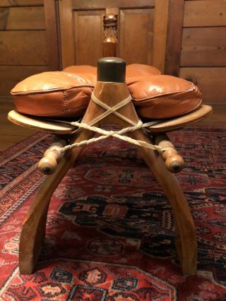 Antique Wooden Hand Carved Leather Camel Saddle Vintage Celal Aykut Turkey 8