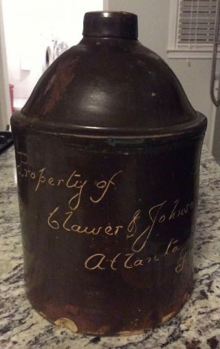 Antique Stoneware Whiskey Jug Marked Property Of Clawer & Johnson Atlanta Ga