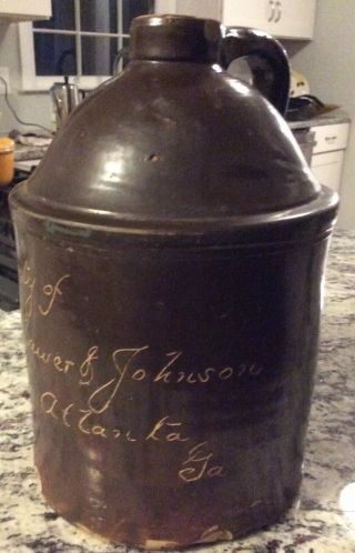 Antique Stoneware Whiskey Jug Marked Property Of Clawer & Johnson Atlanta Ga 2
