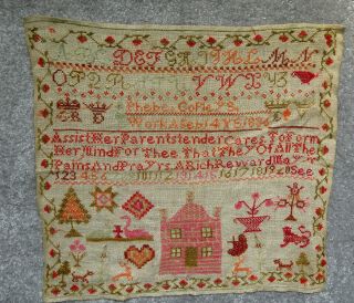 Antique Early 19th C Silk Thread Embroidery Sampler Dated 1836