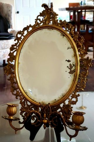 Antique Ornate French Bronze Mirror Double Wall Sconce