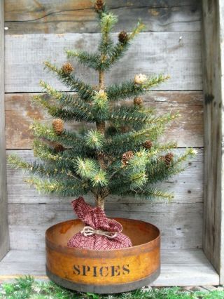 Ca.  1860 Antique Wood & Tin Spice Box W Primitive Christmas Tree