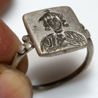 STUNNING BYZANTINE EMPIRE SILVER SEAL RING KING LEO V DEPICTION CIRCA 800 - 900 AD 2