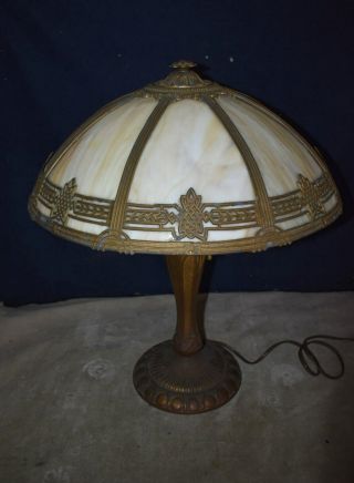GORGEOUS BEST LARGE ANTIQUE SLAG GLASS PANEL TABLE LAMP - ORNATE DESIGN 2