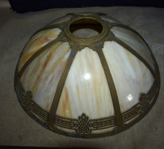 GORGEOUS BEST LARGE ANTIQUE SLAG GLASS PANEL TABLE LAMP - ORNATE DESIGN 7