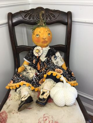 Primitive Folk Art OOAK Shabby Pumpkin Doll 2