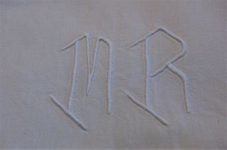 Vintage French Linen Sheet Mr Monogram Thick Fabric Ivory White Color 79 " X 110 "
