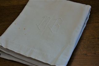 Vintage French Linen Sheet MR Monogram Thick Fabric Ivory White Color 79 