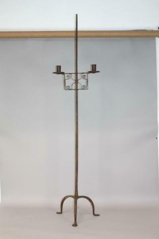A Rare 18th C Floor Standing Wrought Iron Adjustable Double Candle Holder