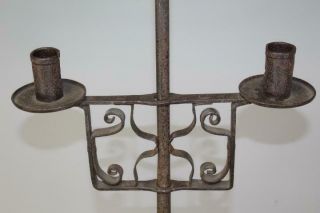 A RARE 18TH C FLOOR STANDING WROUGHT IRON ADJUSTABLE DOUBLE CANDLE HOLDER 6