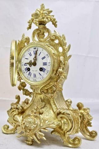 Antique French Mantle Clock 1880 ' s Embossed Gilt Rococo Bronze 2