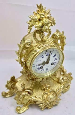 Antique French Mantle Clock 1880 ' s Embossed Gilt Rococo Bronze 4