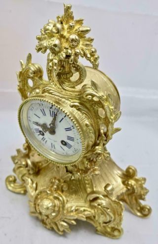 Antique French Mantle Clock 1880 ' s Embossed Gilt Rococo Bronze 5