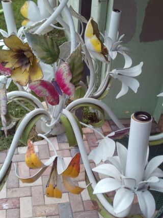 Vintage White Tole butterflies Flowers Chandelier 4