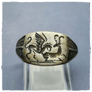 Griffin Attack Deer Ancient Military Legionary Silver Roman Ring 10,  39g