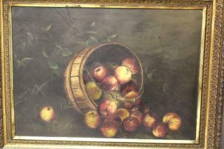 19th Folk Art O/c Still Life Painting Of A Falling Bucket Of Apples