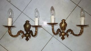 Pair Vintage French Style Ornate Bronze Wall Lights / Candle Sconces