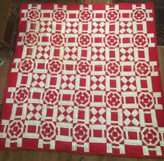 Vintage Red & White Patchwork Thick Quilt 82 " X 80 " Mid 20th Century 6 Spi Aafa