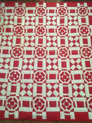 Vintage Red & White Patchwork Thick Quilt 82 