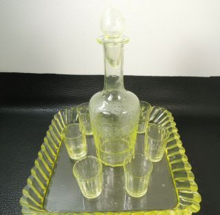 Val Saint Lambert VASELINE GLASS LIQUOR Decanter 6 Glasses w /serving tray 4