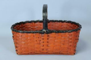 A Rare 19th C Splint Gathering Basket In Wonderful Old Orange - Red & Black Paint