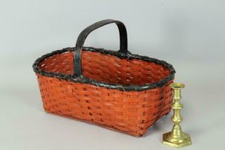 A RARE 19TH C SPLINT GATHERING BASKET IN WONDERFUL OLD ORANGE - RED & BLACK PAINT 2