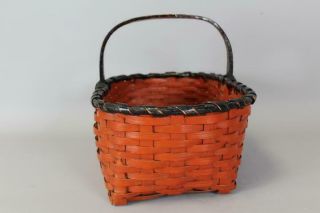 A RARE 19TH C SPLINT GATHERING BASKET IN WONDERFUL OLD ORANGE - RED & BLACK PAINT 4