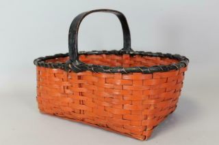 A RARE 19TH C SPLINT GATHERING BASKET IN WONDERFUL OLD ORANGE - RED & BLACK PAINT 5